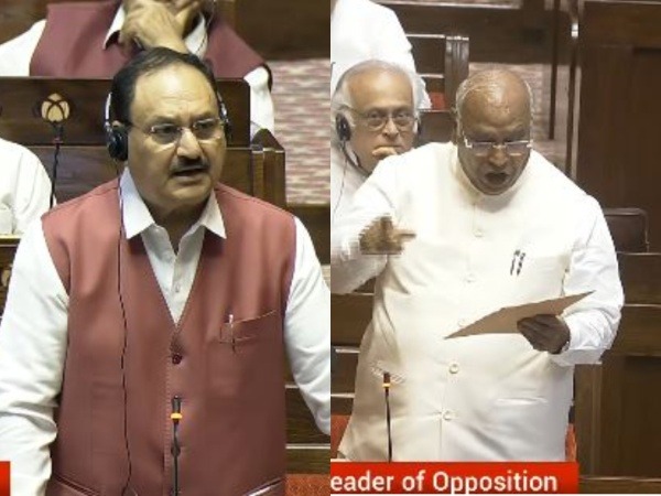 Rajya Sabha Leader of House JP Nadda and Leader of Opposition Mallikarjun Kharge (right) (Photo/Sansad TV)