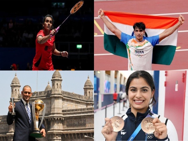 PV Sindhu, Neeraj Chopra, MS Dhoni and Manu Bhaker (Photo: Badminton Photo/file image/ICC/X/@realmanubhaker)