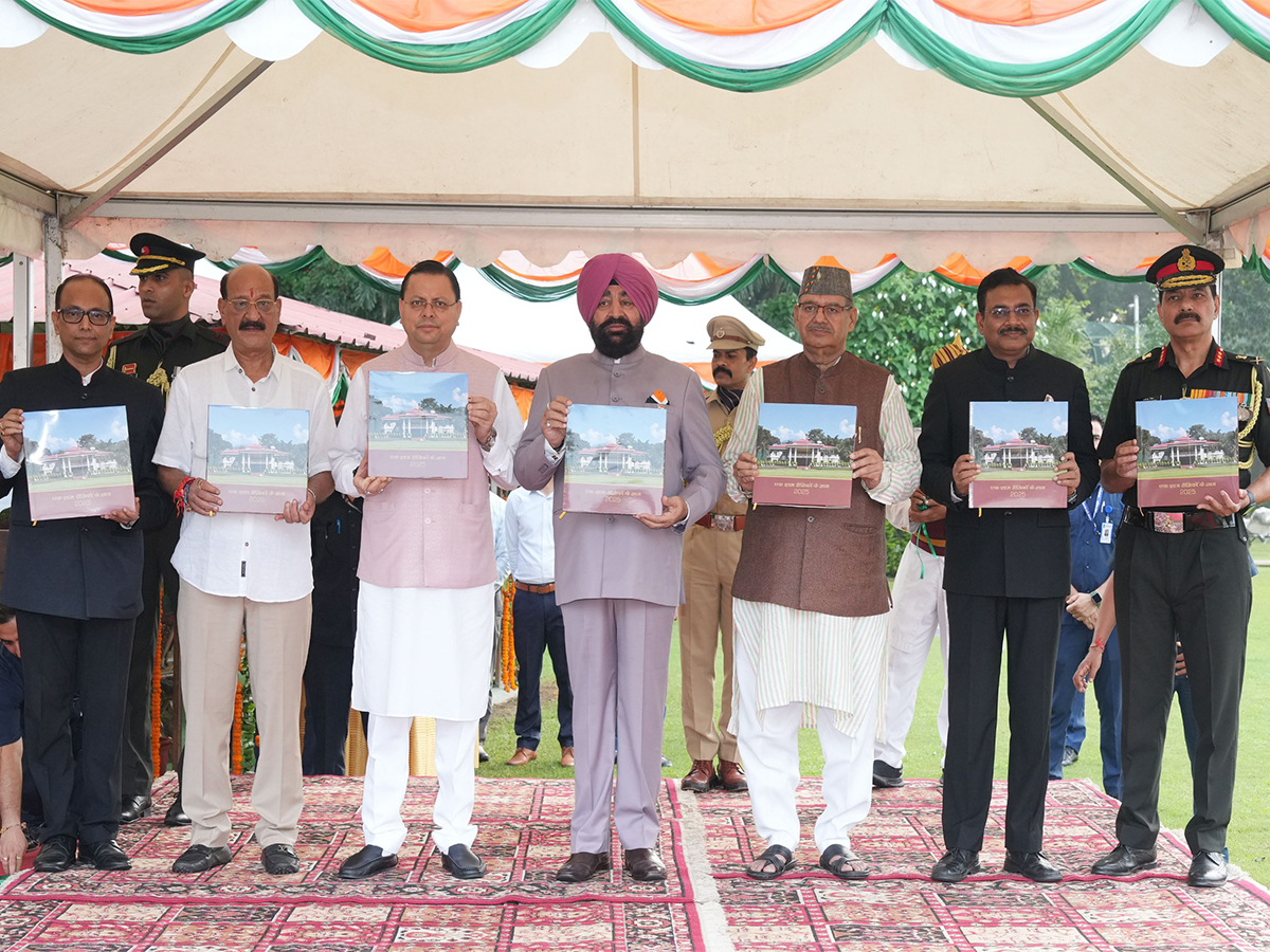 Uttarakhand Governor Gurmit Singh, CM Dhami during release of the book. (Photo/ANI)