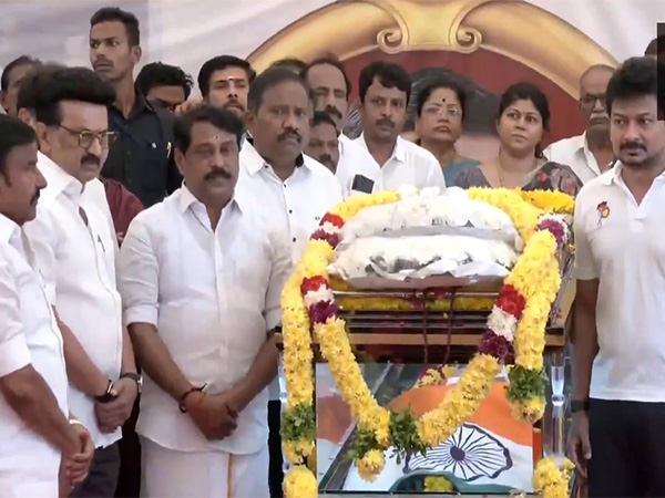 TN CM MK Stalin and DyCM Udayanidhi Stalin pay last respect to Nagaland Governor La Ganesan (Photo/ANI)