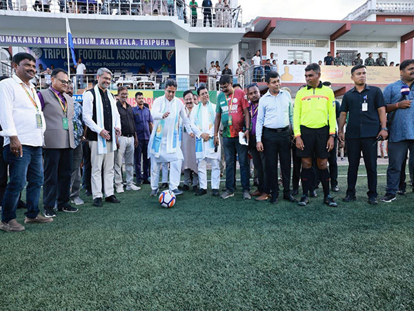 Tripura CM Manik Saha plays football ahead of the Legend's game  (Photo: ANI)