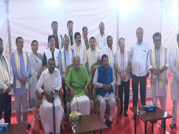 NDA candidate for VP post, C P Radhakrishnan with 17 MPs. (Photo/ANI)