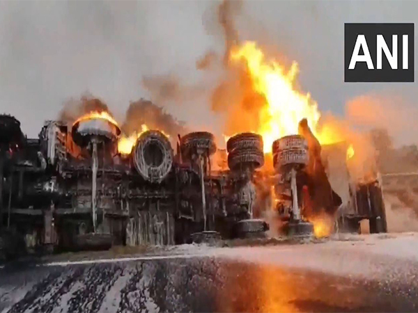 Overturned truck carrying chemicals caught fire in Mathura (Photo/ANI)