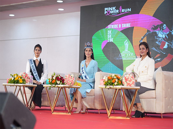 Mrs. Sudha Reddy, Miss World Global Ambassador, with Miss World 2025 Opal Suchata Chuangsri & Miss Asia 2025 Krishnah Gravidez at the Breast Cancer Screening Centre launch in Dokiparru