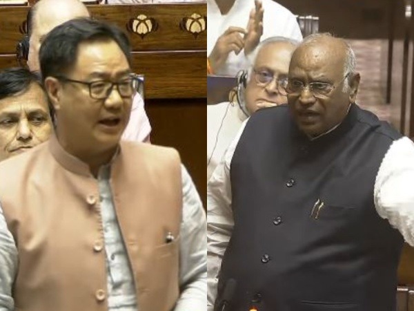 Union Minister Kiren Rijiju and Rajya Sabha LoP Mallikarjun Kharge (Photo/Sansad TV)