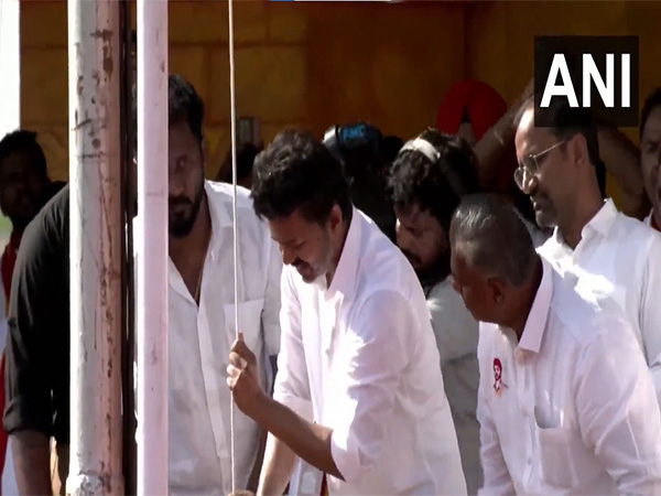 TVK chief and Actor Vijay hoists party flag