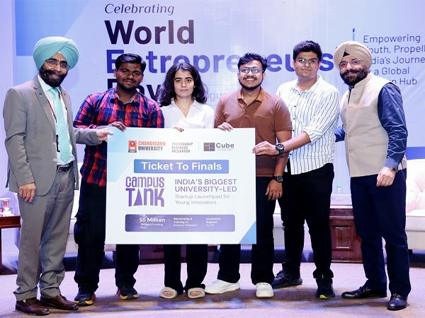 Chandigarh University Vice Chancellor with three winning teams of ‘Zero to One – 24-Hour Startup Challenge 2025’ organized by Chandigarh University at Gharuan campus
