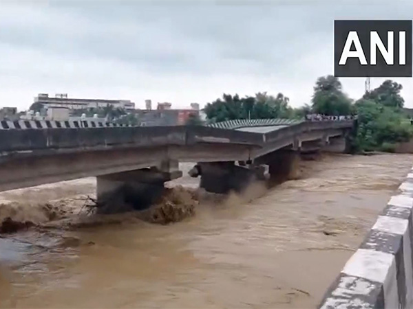 Visual of the damaged bridge on Sahar Khad River near Jammu-Pathankot highway. (Photo/ANI)