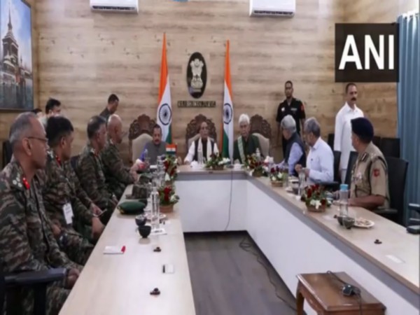 Defence Minister Rajnath Singh holds meeting at Raj Bhavan in Jammu (Photo/ANI)