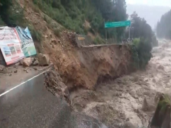 Portion of NH-3 damaged as Beas river flows in spate. (Photo/ANI)