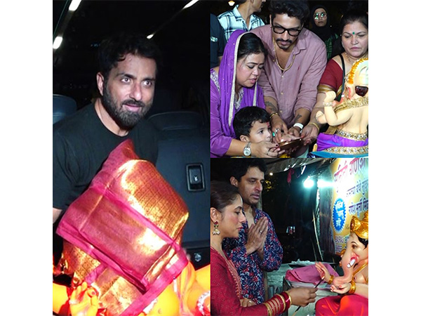 Sonu Sood, Bharti Singh and Sai Deodhar welcome Ganesha idol at home (Photo: ANI)