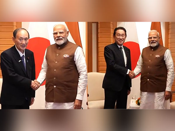 PM Modi with former Japanese PMs Yoshihide Suga and Fumio Kishida (Photo/ANI and DD)