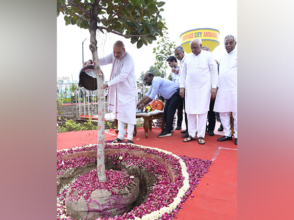 Union Home Minister Amit Shah,  CM Bhupendra Patel during the tree plantation drive at Ghatlodia. (Photo/ANI)