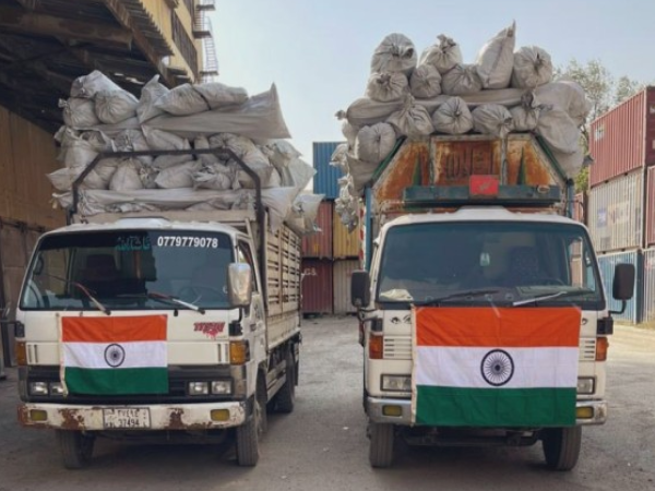 Trucks carrying Indian relief supplies, including tents and food material, for earthquake-affected people in Afghanistan (Image: X/@DrSJaishankar)