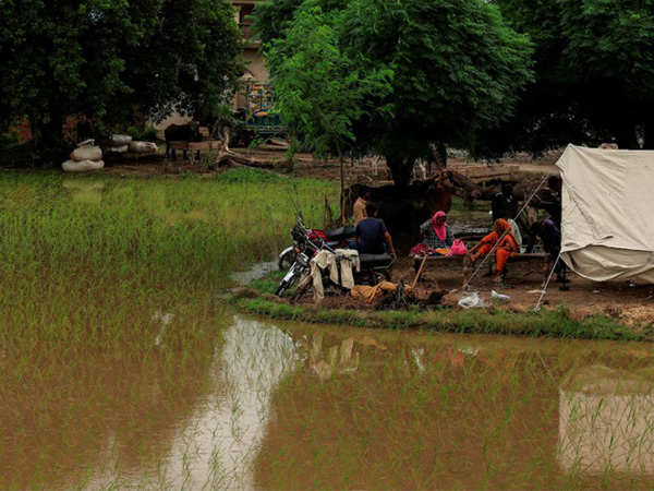 Residents sit outside a temporary tent next to a flooded field after monsoon rains and rising Chenab River waters in Patraki village, Chiniot district, Punjab province, Pakistan (Photo/Reuters)