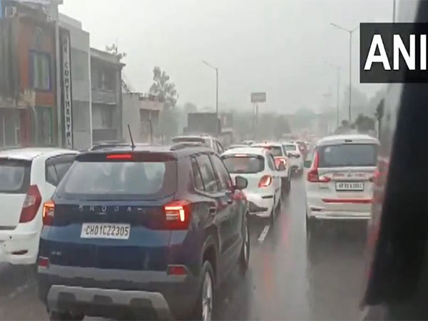Heavy rainfall leads to mild traffic congestion in Punjab's Zirakpur. (Photo/ANI)