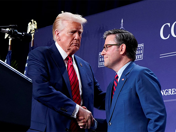 US President Donald Trump shakes hands with House Speaker Mike Johnson during a House Republican members conference at Trump National Doral resort in Miami, Florida (Photo/Reuters)