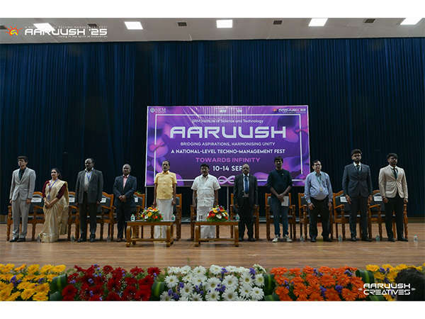 Dignitaries, speakers, at the 19th edition of Aaruush 2025, SRMIST’s national techno-management fest, held at Kattankulathur