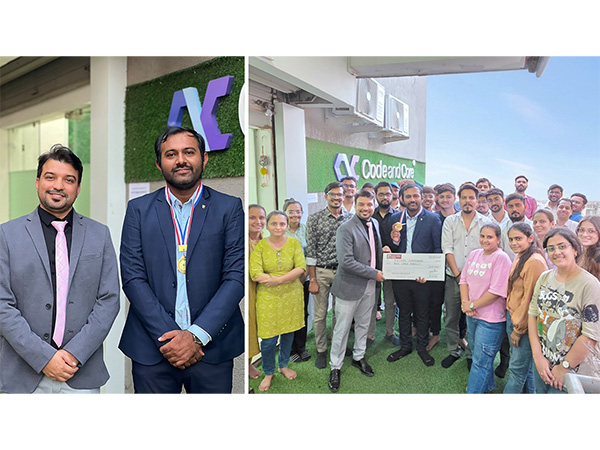 Mayur Soni, CEO of CodeandCore (Left), honors Krunal (Right), wearing his medal, on completing 8 years with the company. The CodeandCore family celebrates him with a ₹1,00,000 loyalty award cheque