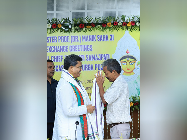 Tripura CM Manik Saha exchanges greetings with Pradhan Samajpatis (Photo/ANI)