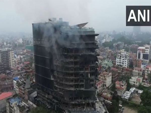 Drone visuals show Kathmandu’s Hilton Hotel completely charred after being set on fire during anti-corruption protests (Photo/ANI)