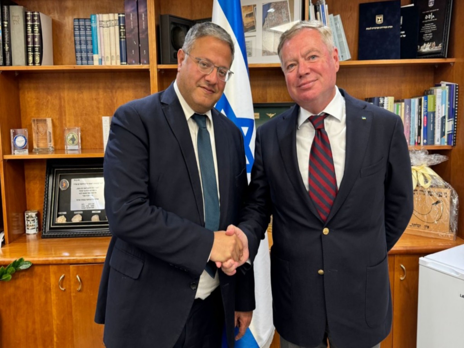 Israel’s Minister of National Security, MK Itamar Ben Gvir hosted Ukrainian Ambassador Yevgen Korniychuk (Photo/TPS)