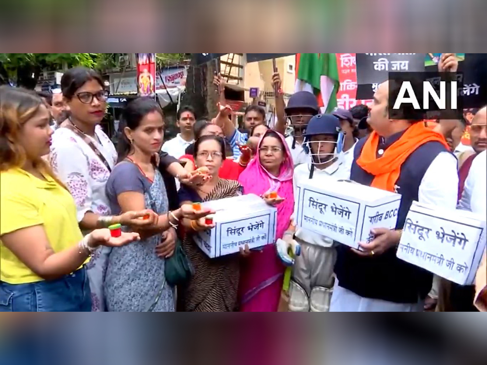 Women workers of Shiv Sena (UBT) stage a protest in Mumbai with 'sindoor', opposing the India vs Pakistan match in Asia Cup (Photo/ANI)