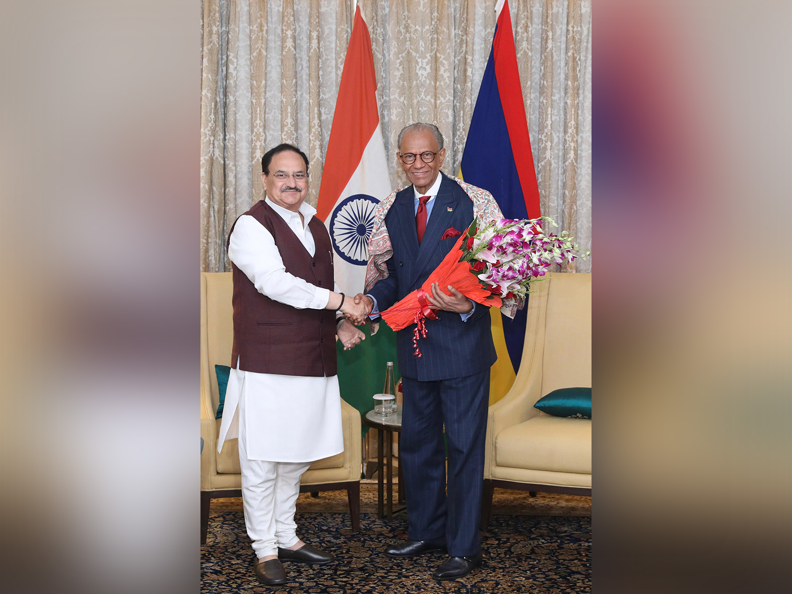 BJP National President J.P. Nadda with Mauritius Prime Minister Navinchandra Ramgoolam in New Delhi today (Photo/ BJP’s Foreign Affairs Department)