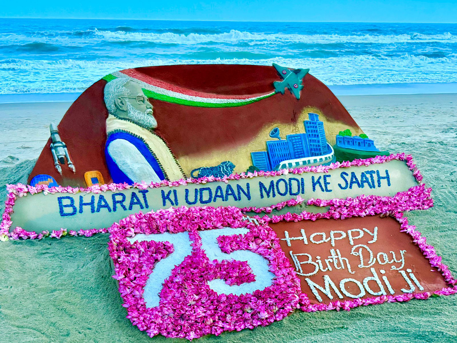 750 lotus installation on sand art honours PM Modi’s 75th birthday at Puri beach (Photo/ANI)