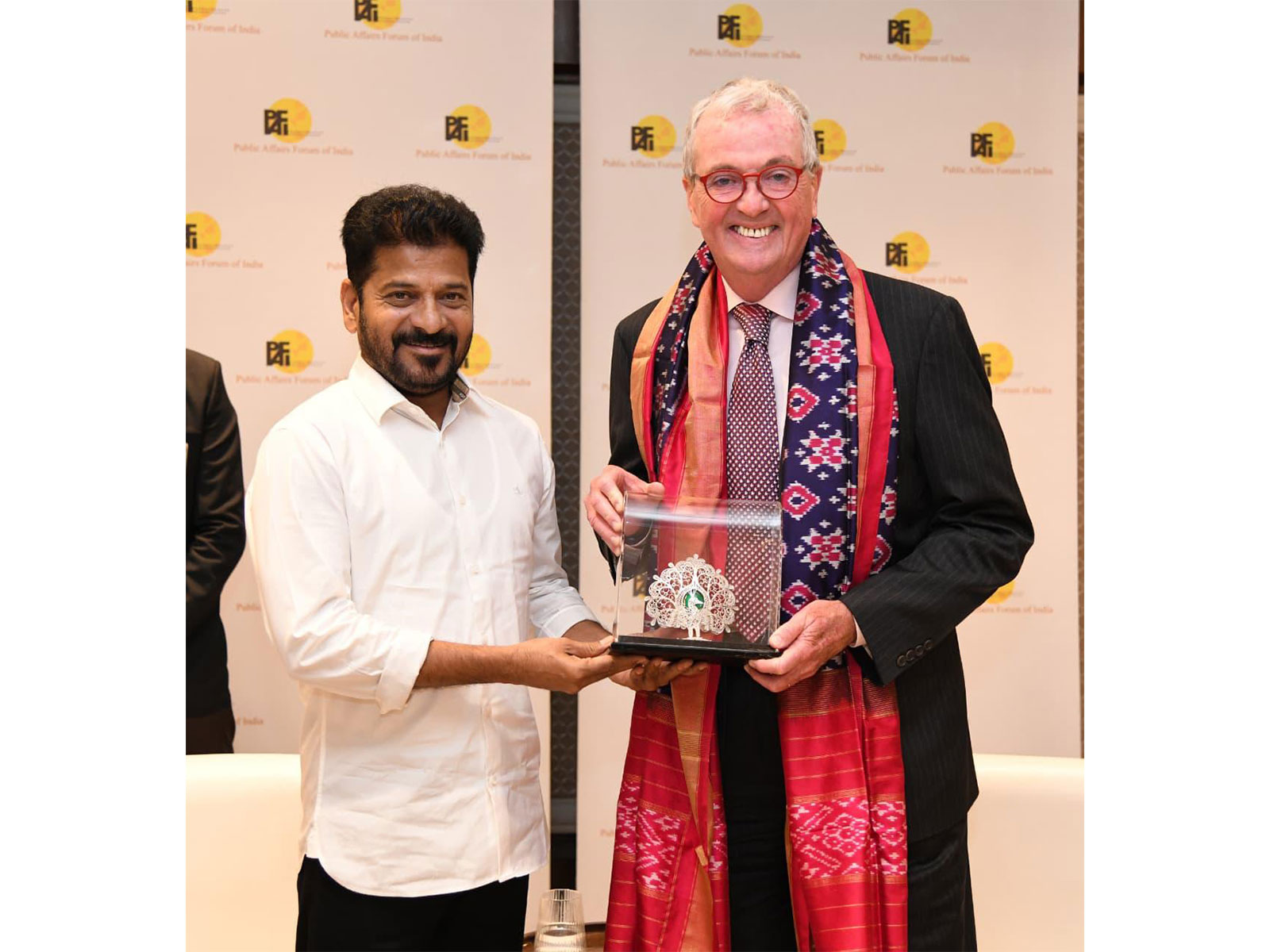 Telangana CM Revanth Reddy with  New Jersey Governor Phil Murphy (Photo: @revanth_anumula/X)