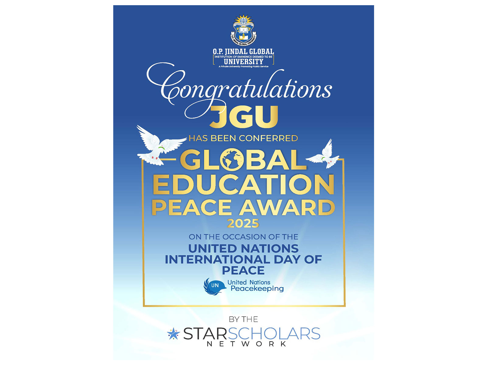 Global Education for Peace Award Honours O.P. Jindal Global University for Championing World Peace through Higher Education