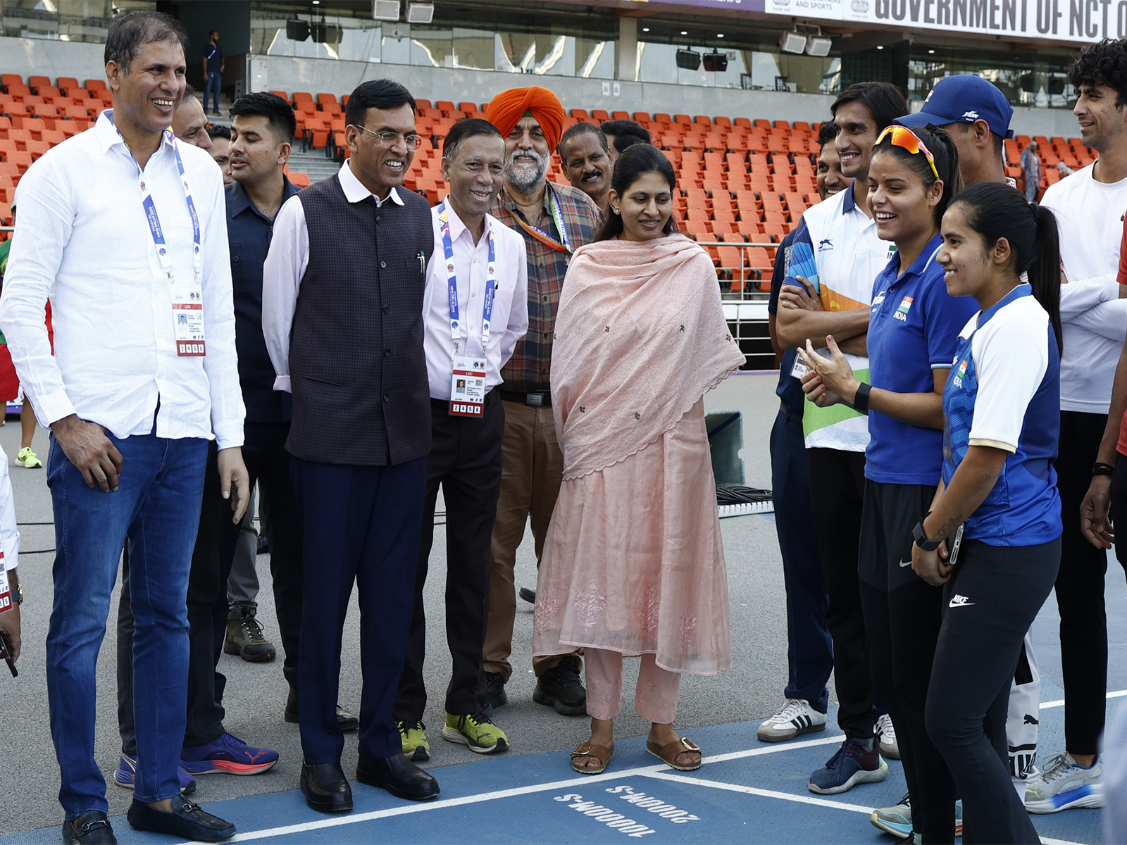 Union Sports Minister Mandaviya and MoS Khadse at JLN stadium. (Photo: SAI Media)