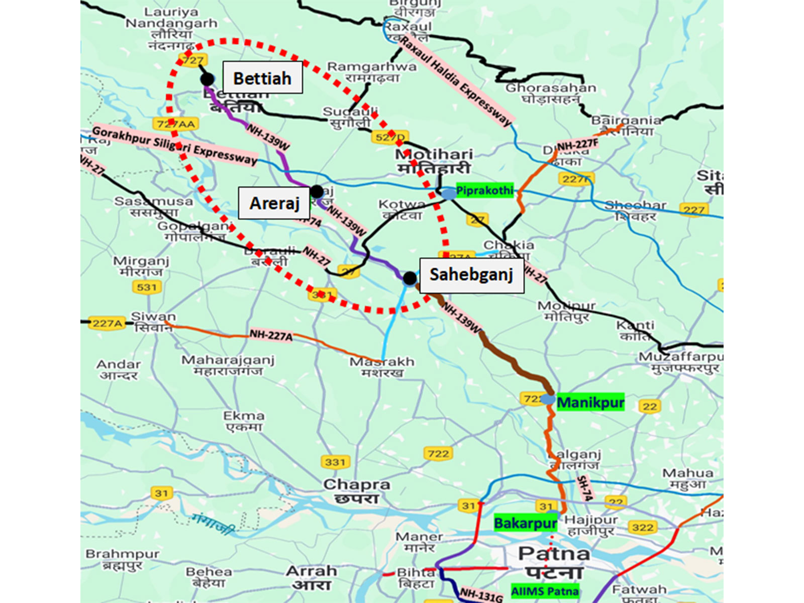 Project Alignment Map for Sahebganj-Areraj-Bettiah section of NH-139W (Photo: PIB)
