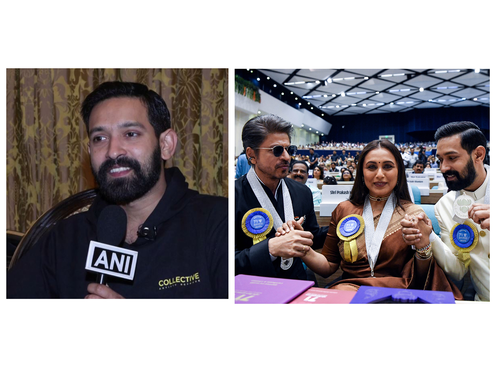 Actors Vikrant Massey, Shah Rukh Khan and Rani Mukerji (Image source: ANI)