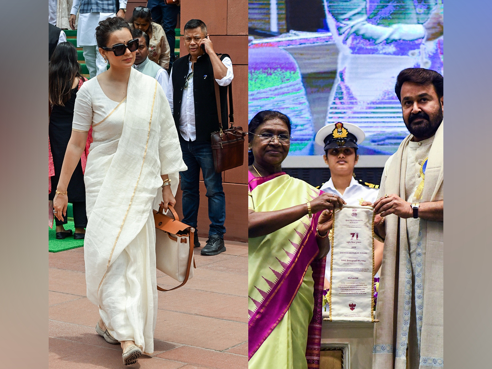 Kangana Ranaut, President Droupadi Murmu and Mohanlal (Photo: ANI)