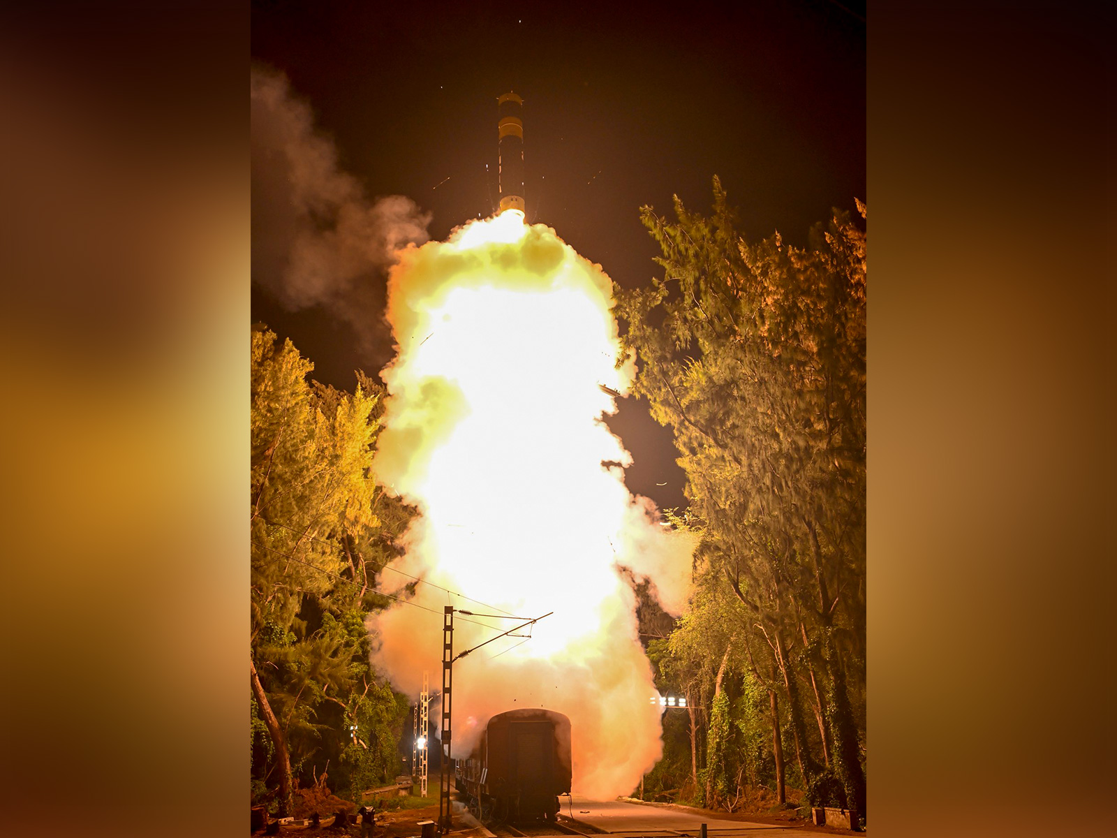 Launch of Intermediate Range Agni-Prime Missile from a Rail based Mobile launcher system. (Photo/@rajnathsingh)