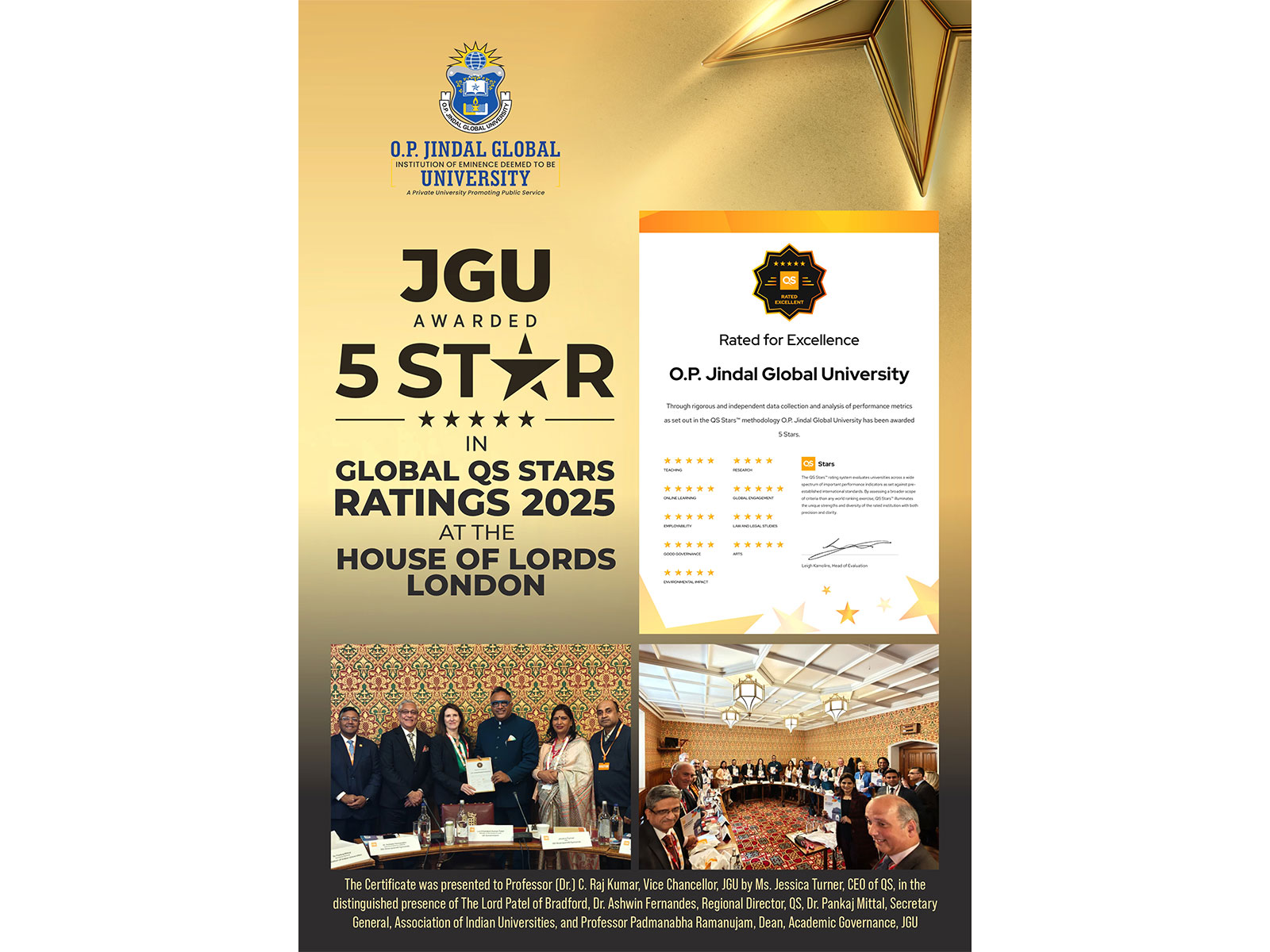 O.P. Jindal Global University awarded 5-stars in Global QS Stars Ratings 2025 at the House of Lords, London
