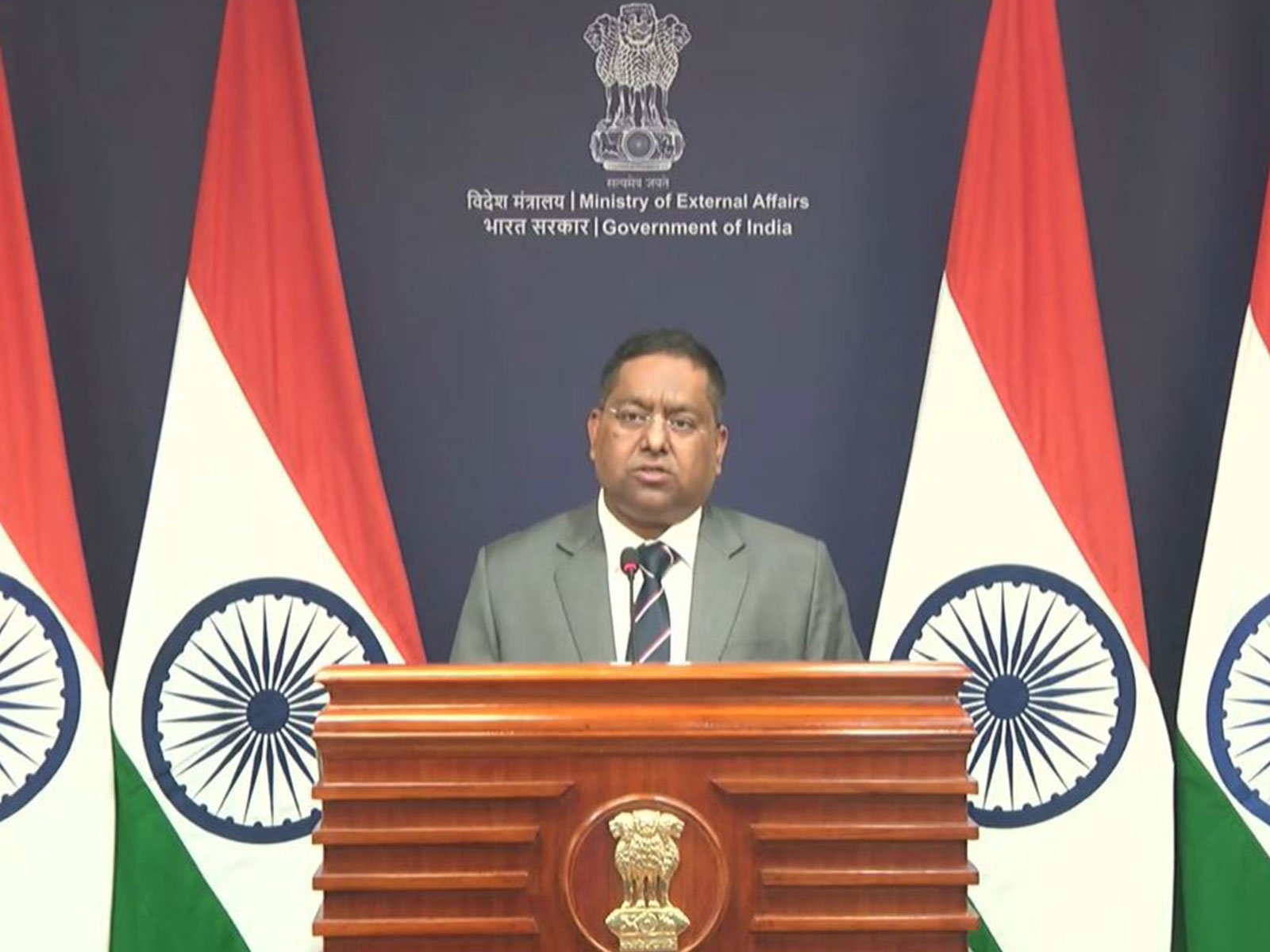 MEA Spokesperson Randhir Jaiswal addresses the weekly press briefing in New Delhi, where India rejected NATO Secretary-General Mark Rutte’s remarks as “factually incorrect and entirely baseless.” (Photo/MEA YouTube)