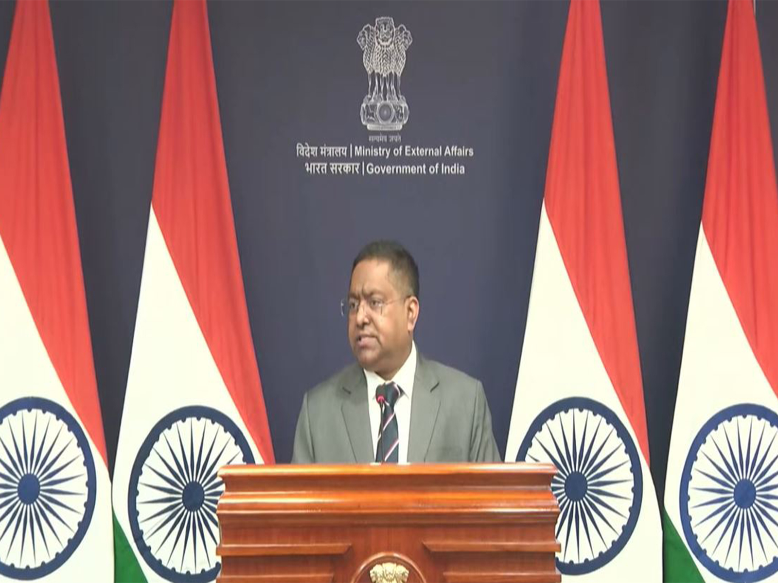 MEA Spokesperson Randhir Jaiswal addresses the weekly press briefing in New Delhi (Photo/MEA YouTube)