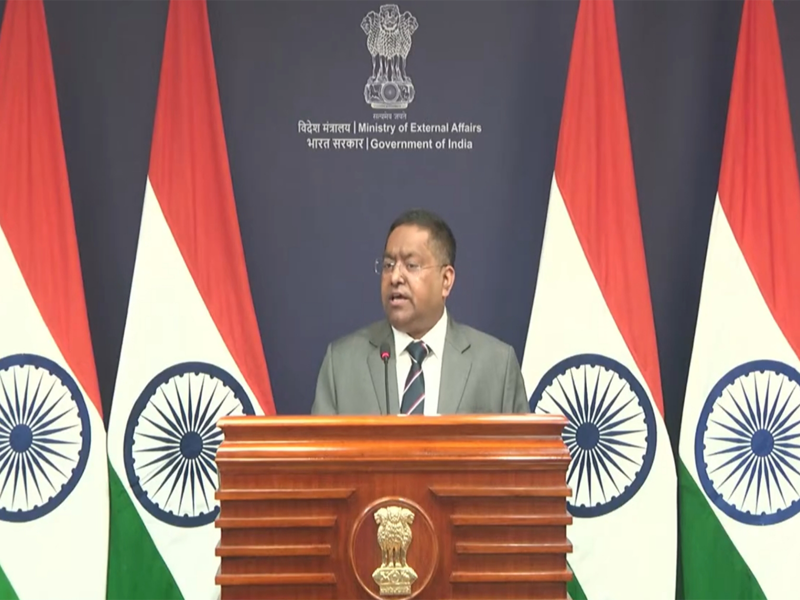 MEA Spokesperson Randhir Jaiswal addresses the weekly press briefing in New Delhi (Photo/MEA YouTube)