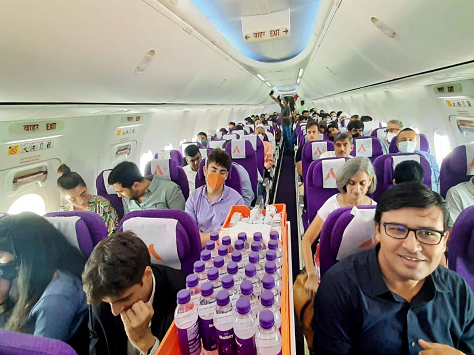An inside view of the first commercial flight of Akasa Air, which took off on the Mumbai-Ahmedabad route. (File Photo/ ANI)