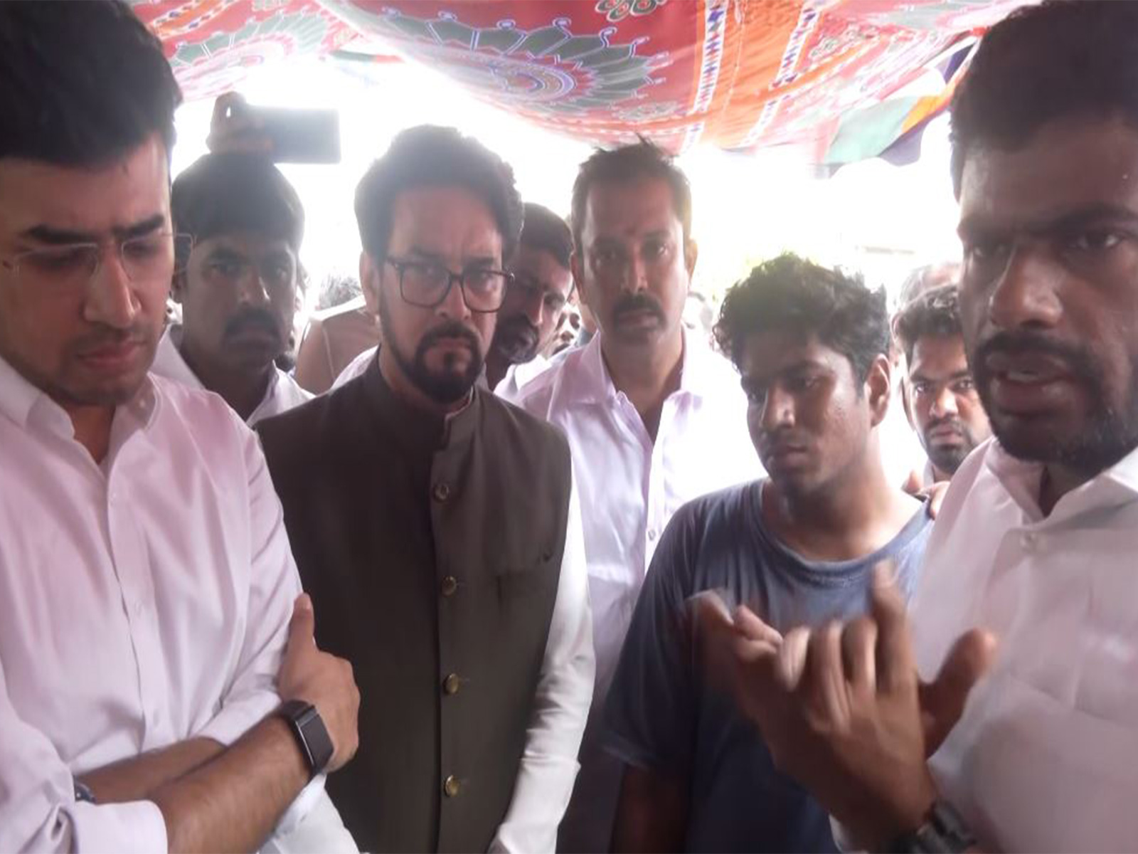 BJP leaders Anurag Thakur, Tejasvi Surya and Annamalai meet with the bereaved families of Karur stampede (Photo/ANI)