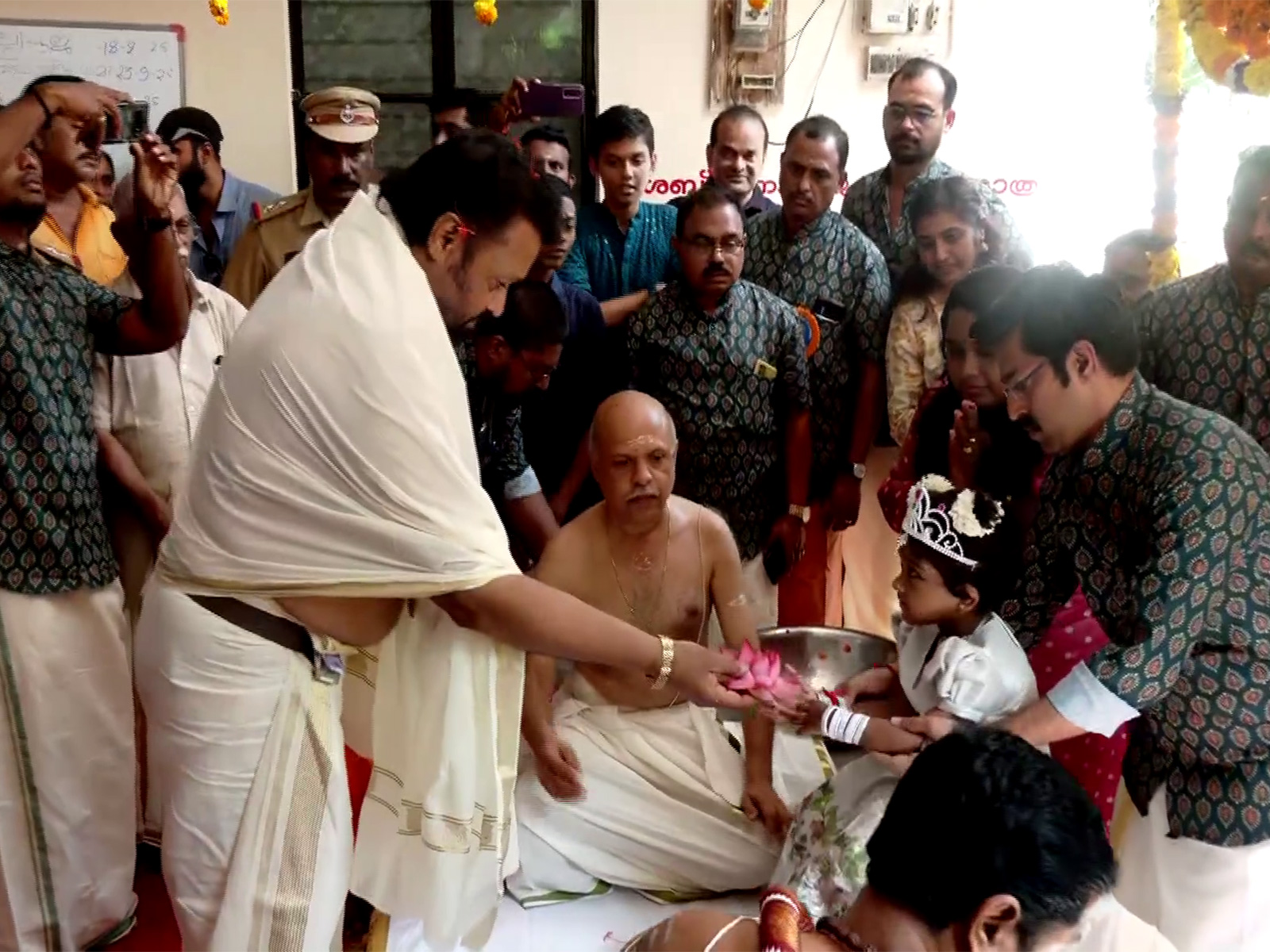 Union Minister Suresh Gopi participates in 'Vidyarambham' celebrations at a temple in Thiruvananthapuram (Photo/ANI) 