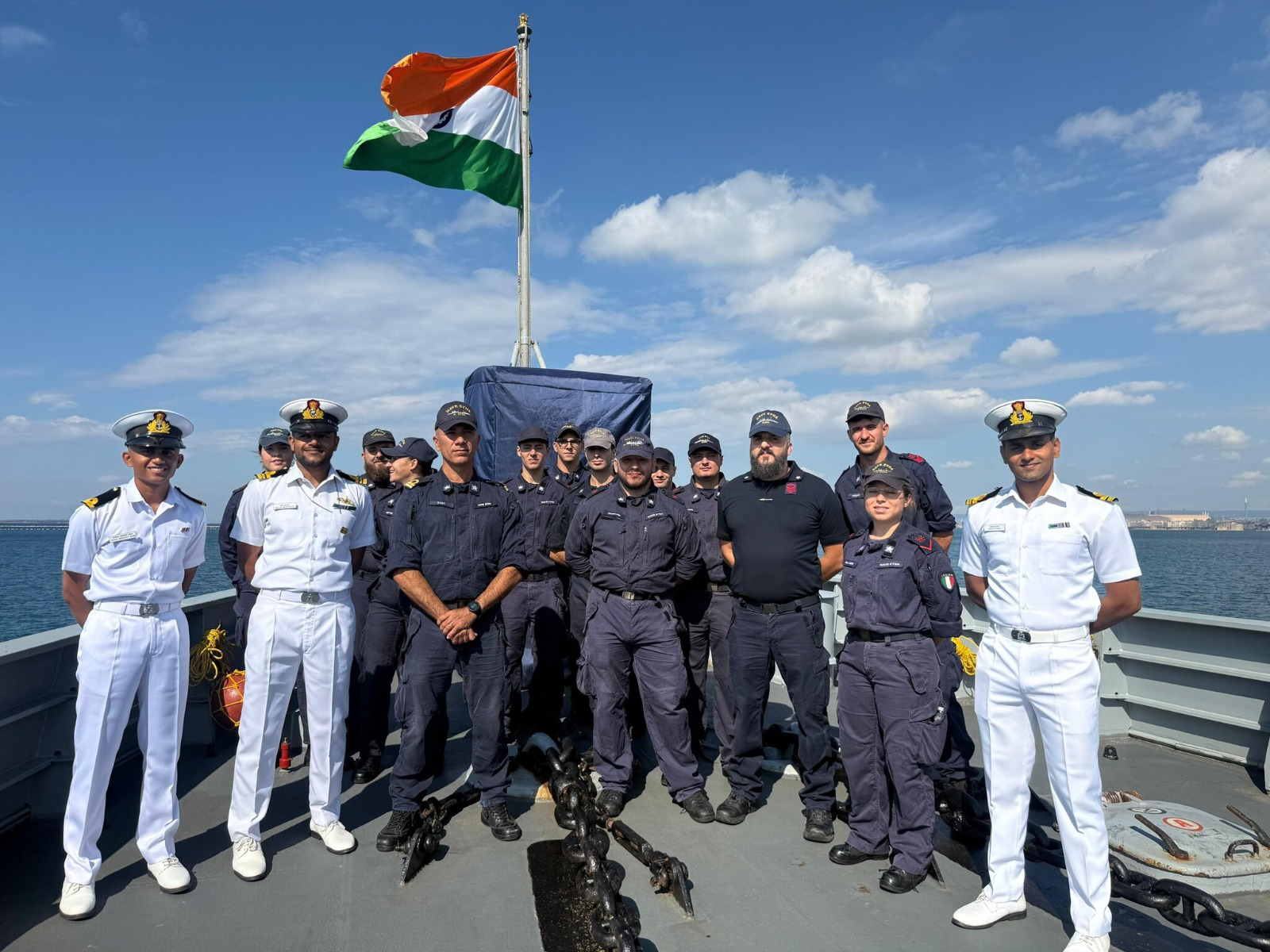 Indian and Italian naval personnel onboard INS Trikand during its port call at Taranto, Italy (Photo: X/@IndiainItaly)
