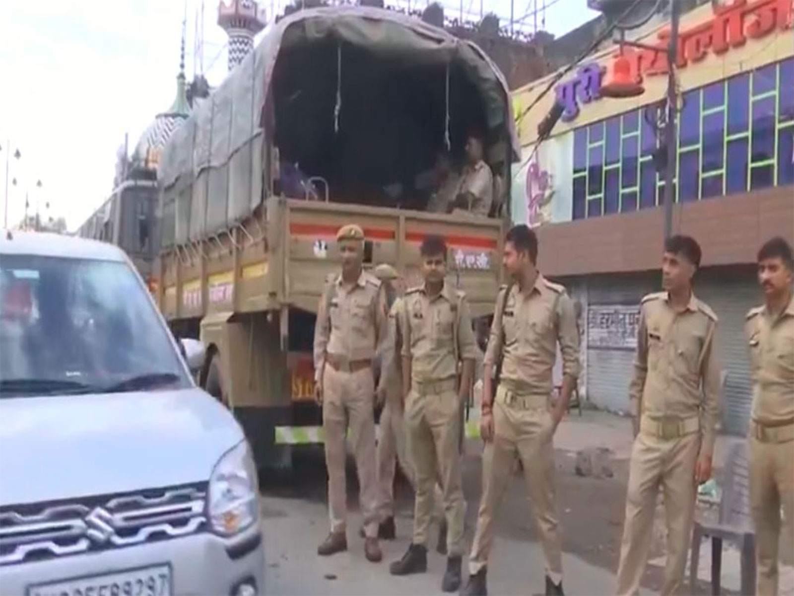 Visuals of police deployed in Bareilly (Photo/ANI)