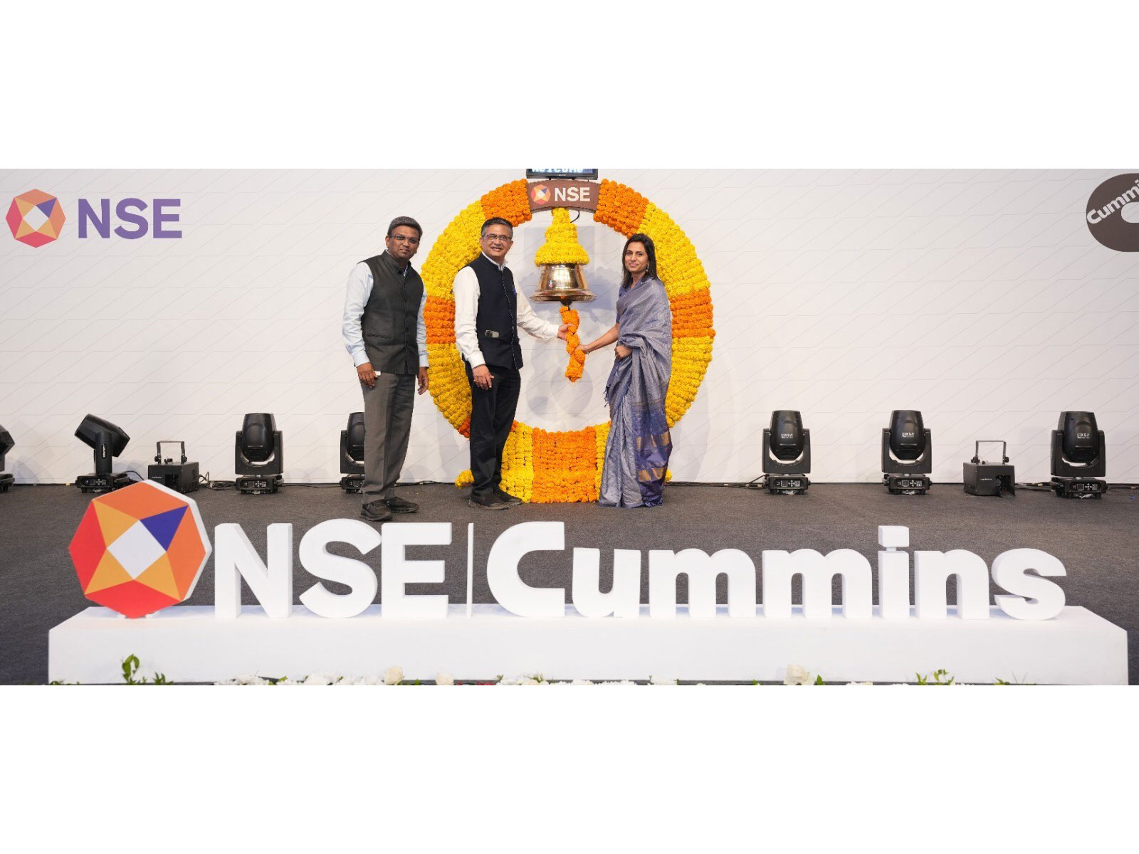 L–R: Sriram Krishnan, CBDO, NSE; Ashishkumar Chauhan, MD & CEO, NSE; and Shveta Arya, MD, Cummins India Limited, at the Bell Ringing Ceremony Marking 30 Years of the Company’s NSE Listing