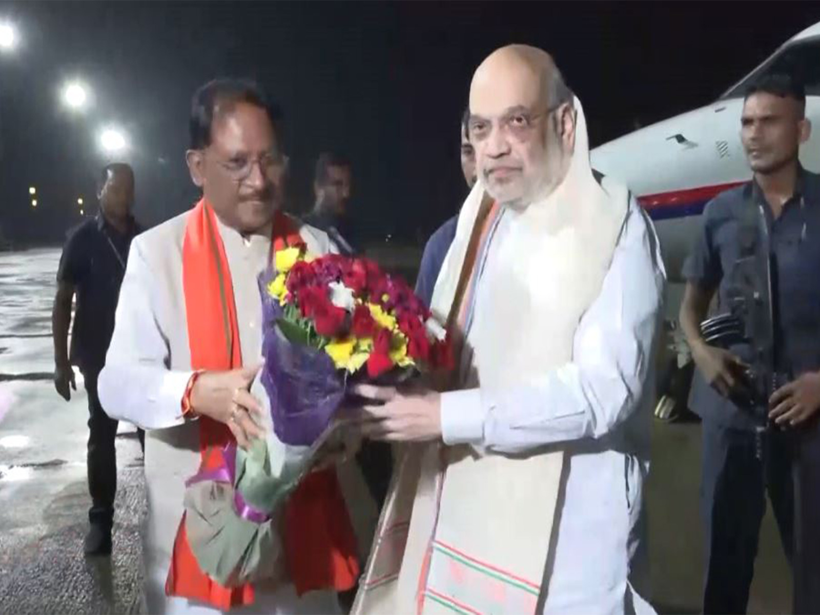 Union Minister Amit Shah arrives in Raipur, received by CM Vishnu Deo Sai (Photo/ANI)