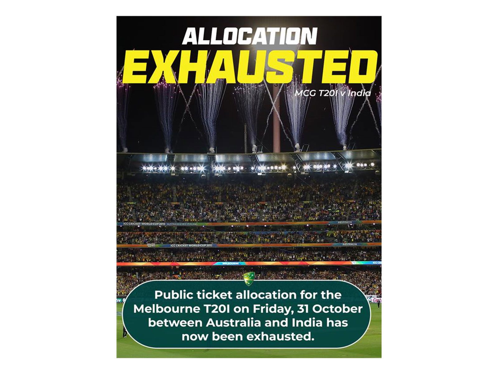 Huge crowd expected for MCG T20 as public ticket allocation exhausted (Photo: Cricket Australia)