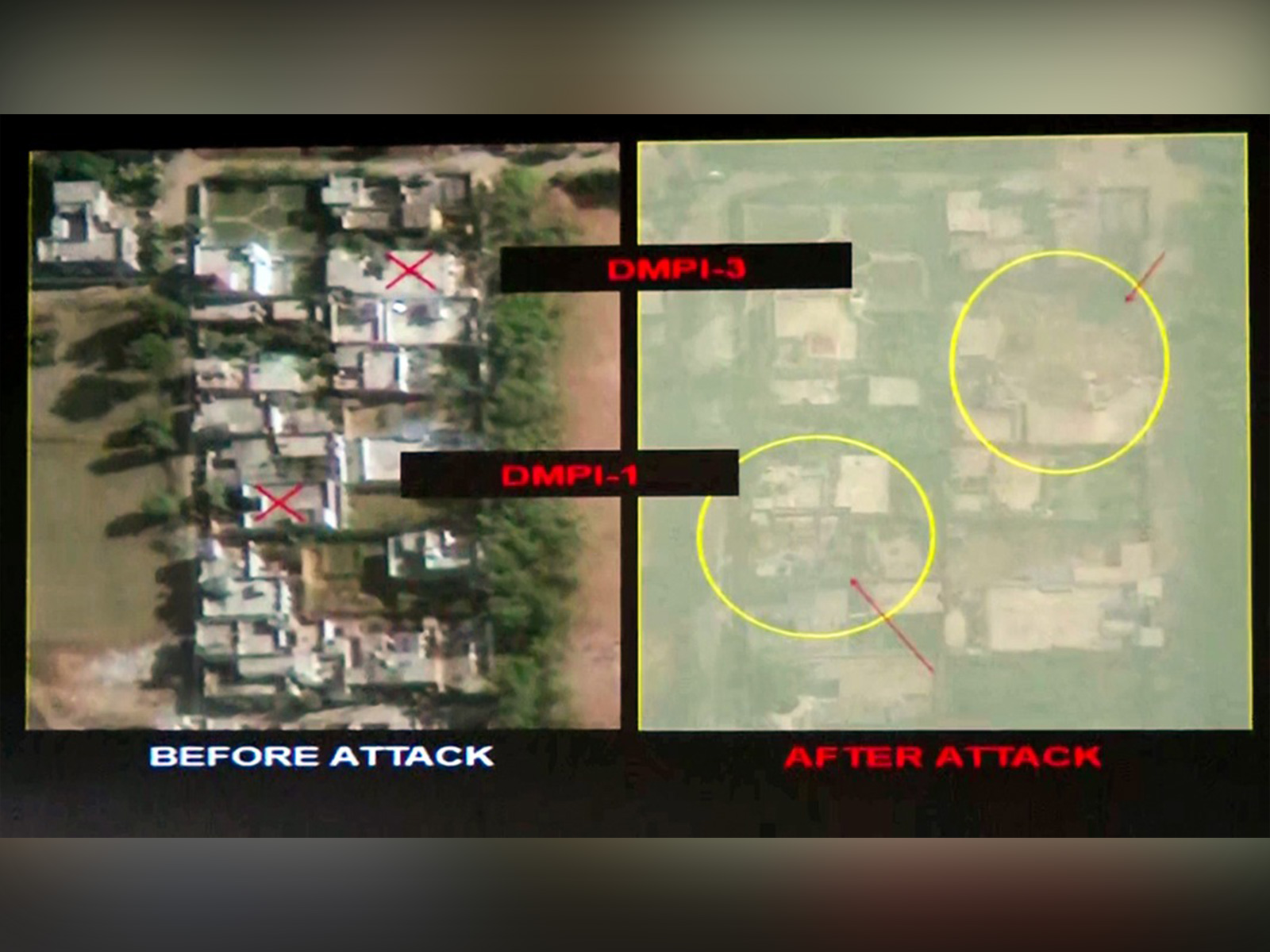 Before and after images of the damage caused by the Indian strike on Pakistan during Operation Sindoor, being displayed on the screen during the Air Chief Marshal LM Katre lecture (Photo/ANI)