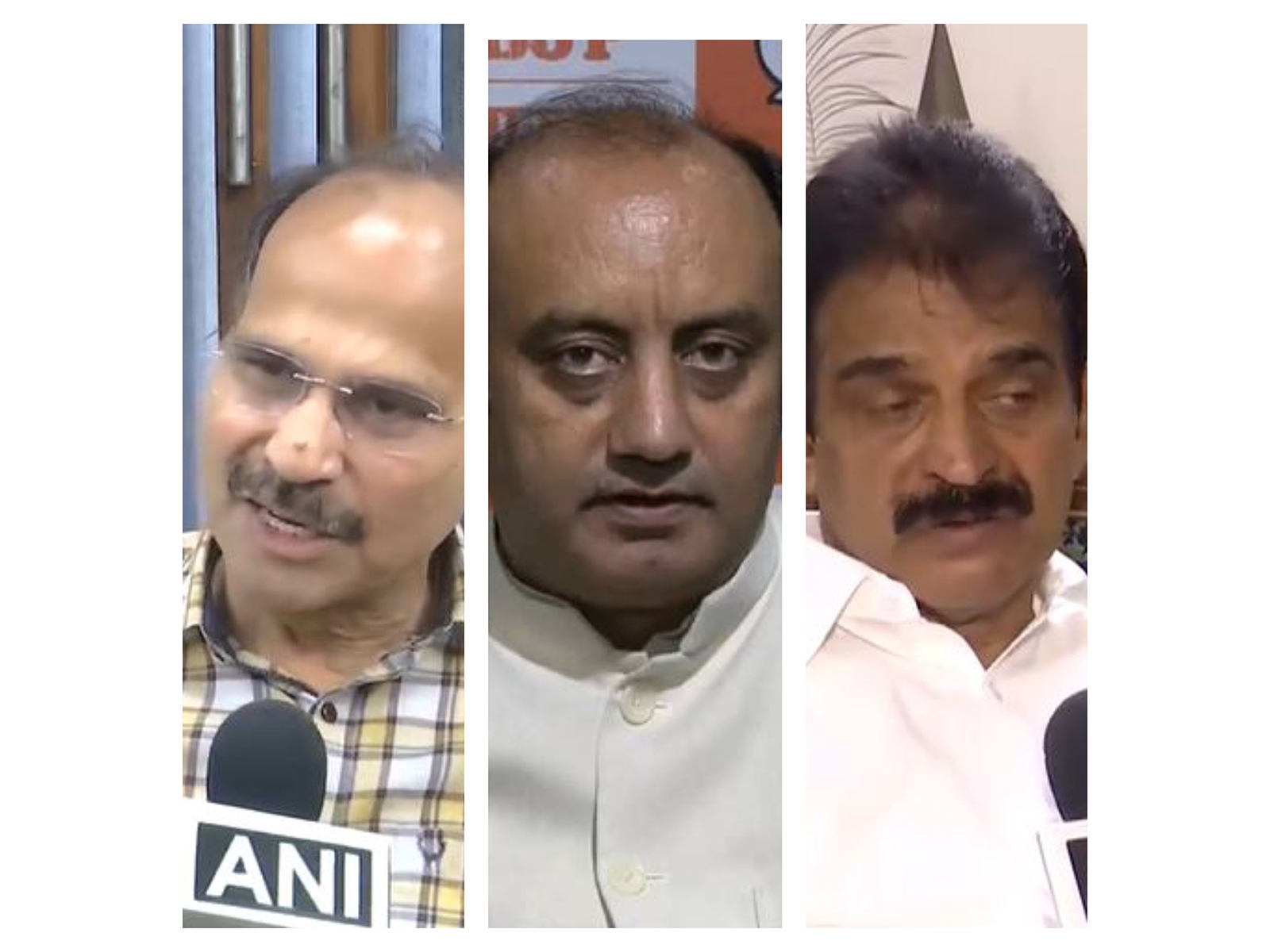 Congress leader Adhir Ranjan Chowdhury (left),  BJP MP and National Spokesperson Sudhanshu Trivedi (centre), Congress MP K C Venugopal (right) (Photo/ANI)